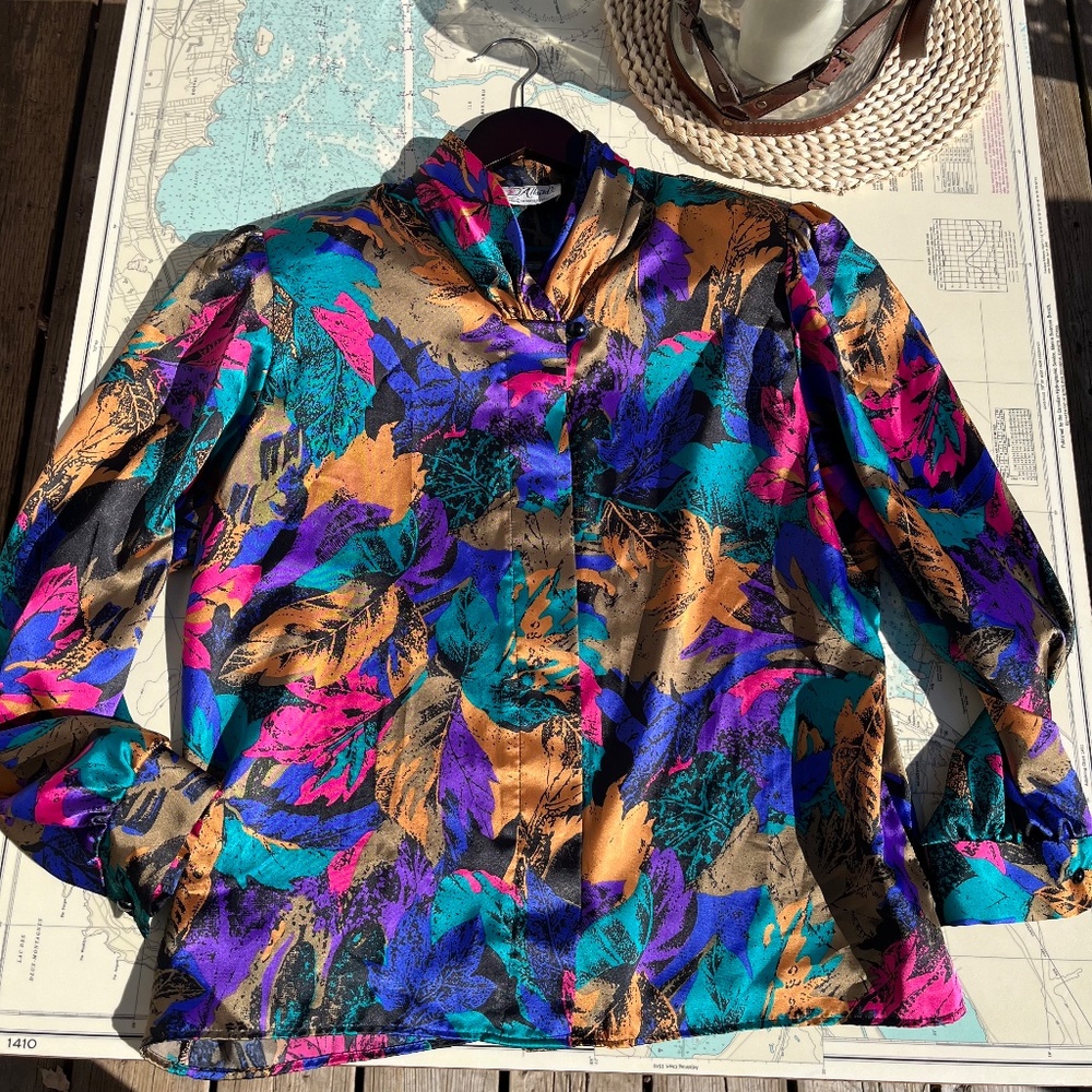 Vintage 80s D’Allairds Jewel Leaf Pattern Blouse - Picture 3 of 5